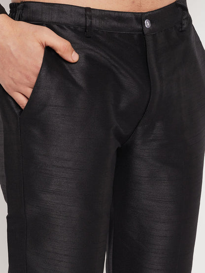 Men's Black Silk Blend Straight Jacket  Kurta and Pyjama Set