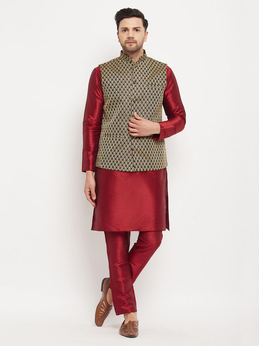 Men's Maroon Silk Blend Straight Jacket  Kurta and Pyjama Set