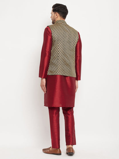 Men's Maroon Silk Blend Straight Jacket  Kurta and Pyjama Set