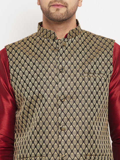 Men's Maroon Silk Blend Straight Jacket  Kurta and Pyjama Set