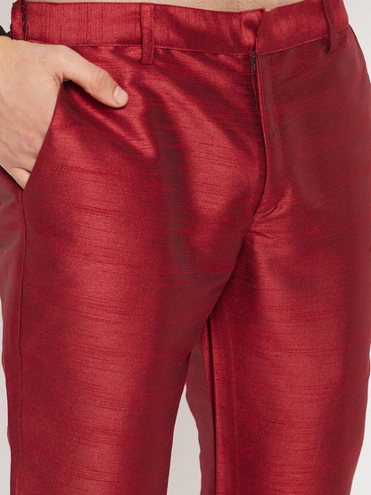 Men's Maroon Silk Blend Straight Jacket  Kurta and Pyjama Set