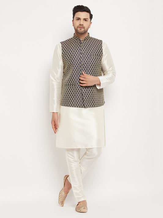 Men's Cream Silk Blend Straight Jacket  Kurta and Pyjama Set