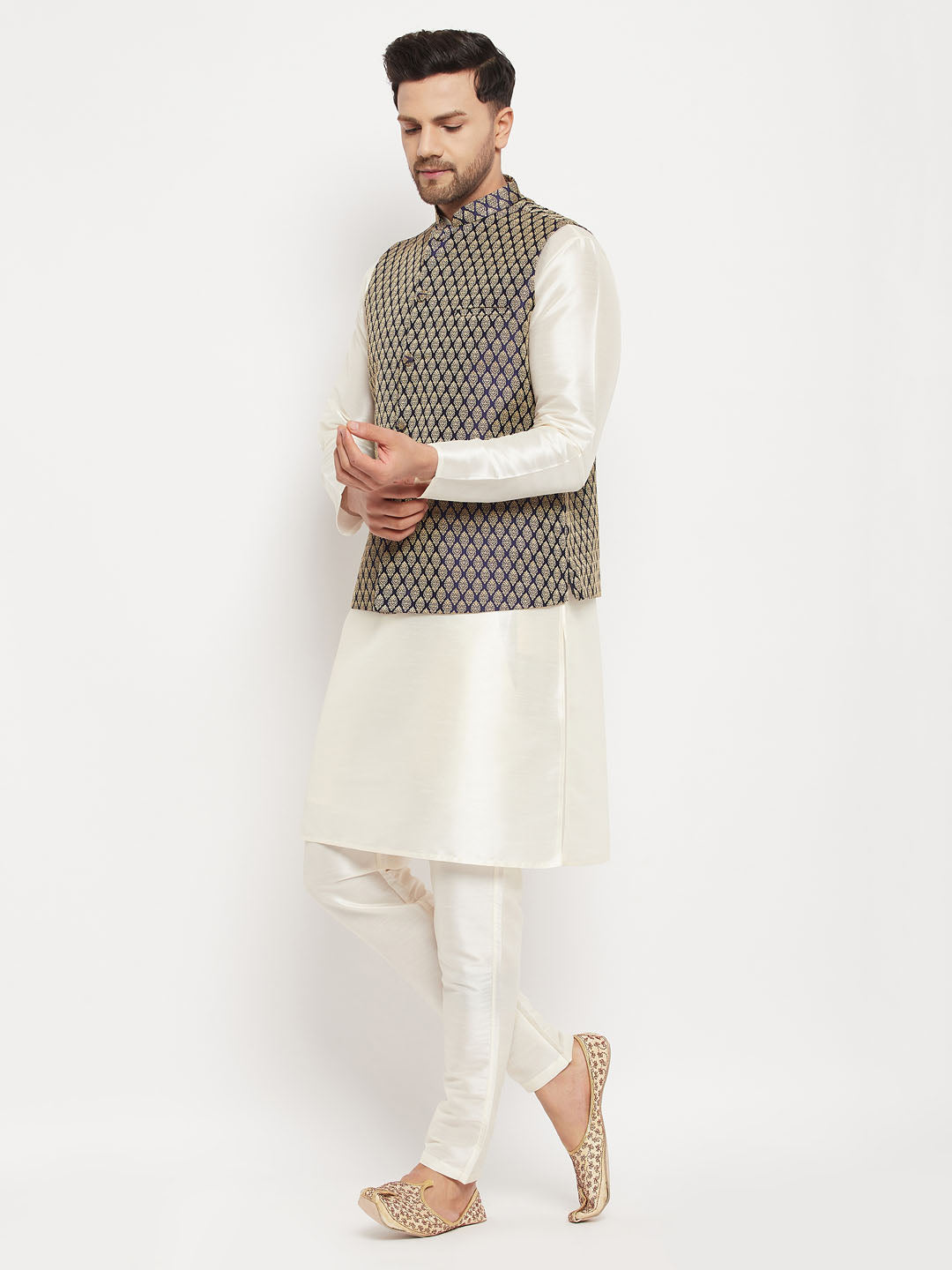 Men's Cream Silk Blend Straight Jacket  Kurta and Pyjama Set