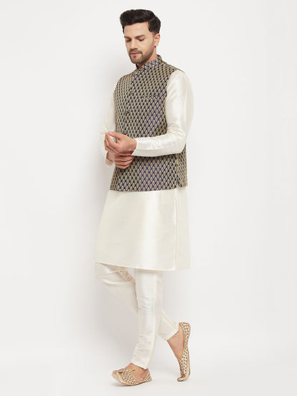 Men's Cream Silk Blend Straight Jacket  Kurta and Pyjama Set