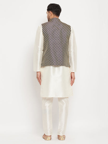 Men's Cream Silk Blend Straight Jacket  Kurta and Pyjama Set