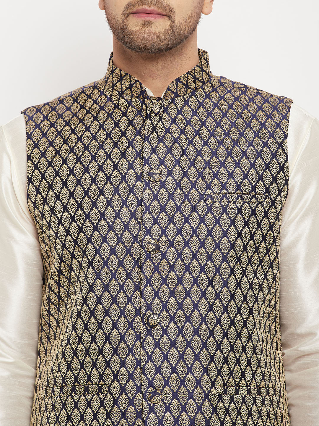Men's Cream Silk Blend Straight Jacket  Kurta and Pyjama Set