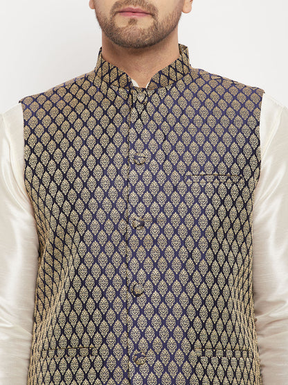 Men's Cream Silk Blend Straight Jacket  Kurta and Pyjama Set