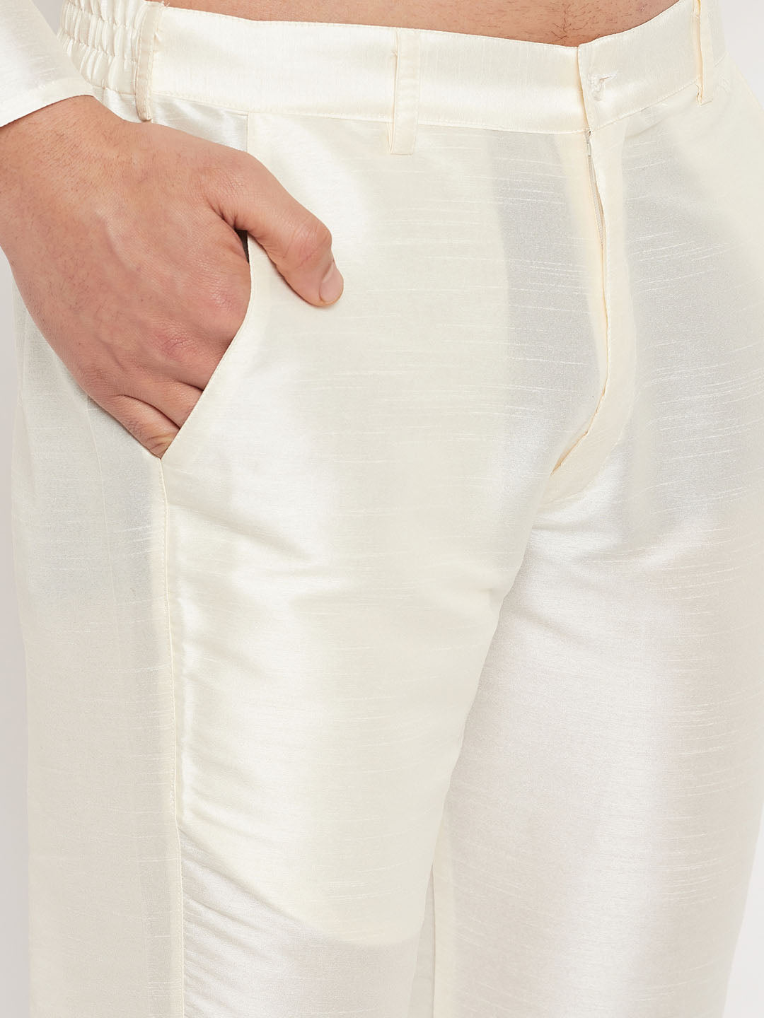 Men's Cream Silk Blend Straight Jacket  Kurta and Pyjama Set
