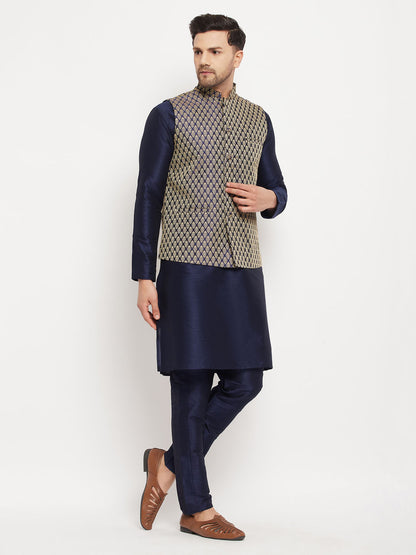 Men's Navy Blue Silk Blend Straight Jacket  Kurta and Pyjama Set