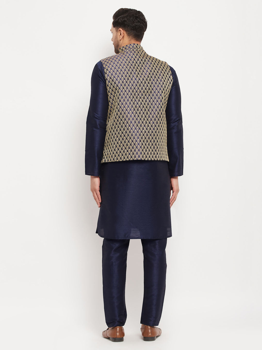Men's Navy Blue Silk Blend Straight Jacket  Kurta and Pyjama Set