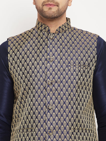Men's Navy Blue Silk Blend Straight Jacket  Kurta and Pyjama Set