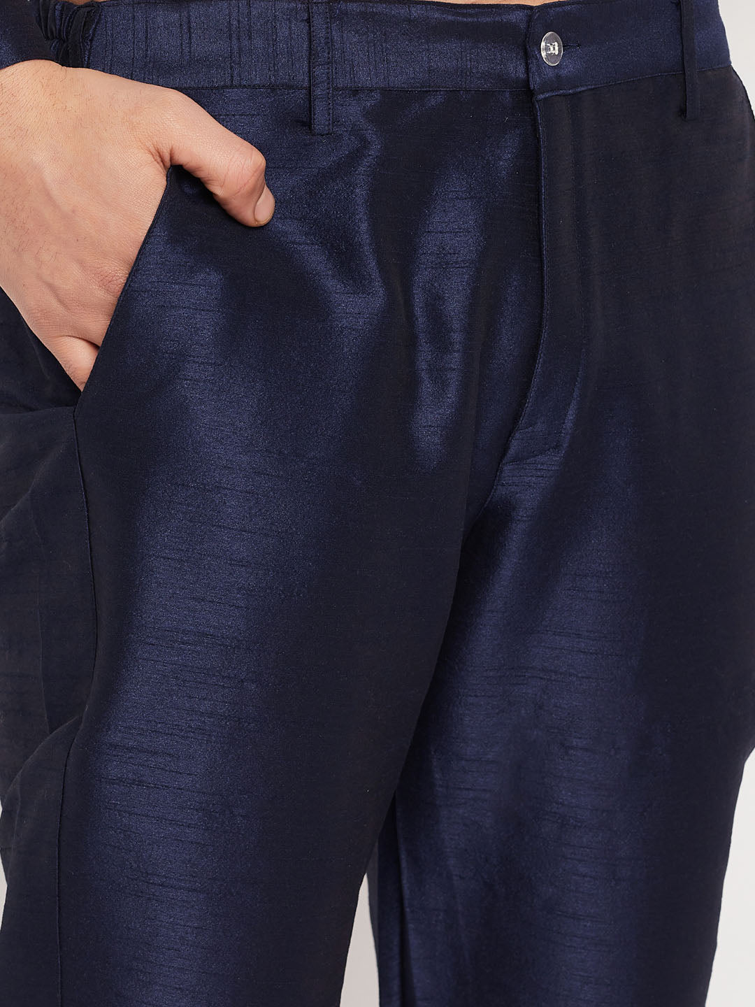 Men's Navy Blue Silk Blend Straight Jacket  Kurta and Pyjama Set