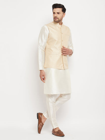Men's Cream Silk Blend Straight Jacket  Kurta and Pyjama Set