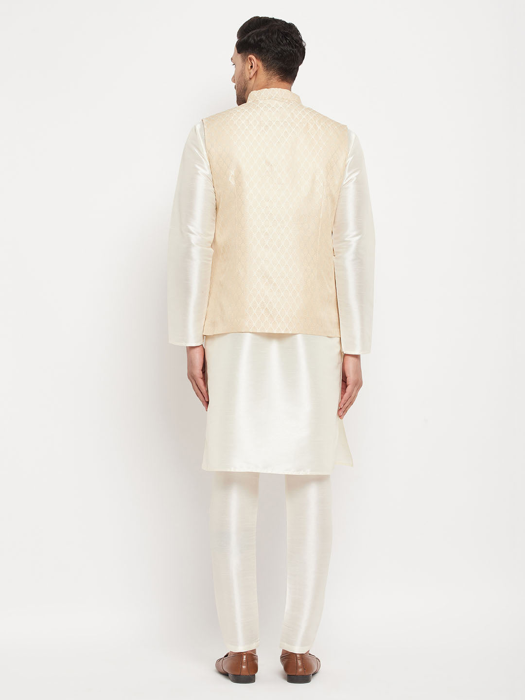 Men's Cream Silk Blend Straight Jacket  Kurta and Pyjama Set