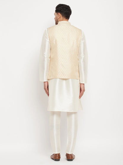 Men's Cream Silk Blend Straight Jacket  Kurta and Pyjama Set