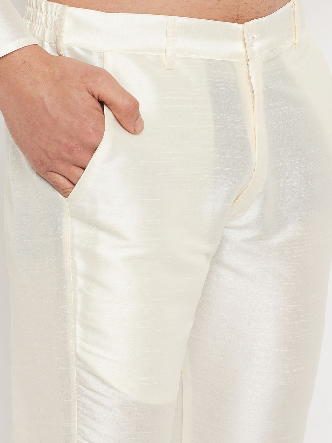 Men's Cream Silk Blend Straight Jacket  Kurta and Pyjama Set