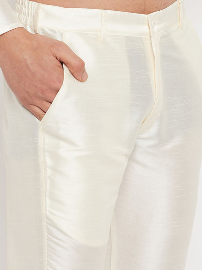 Men's Cream Silk Blend Straight Jacket  Kurta and Pyjama Set