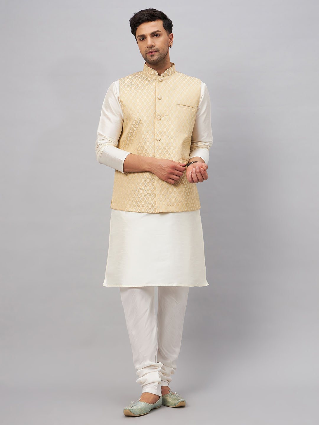 Men's Cream Silk Blend Straight Jacket  Kurta and Pyjama Set
