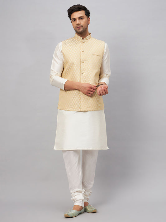 Men's Cream Silk Blend Straight Jacket  Kurta and Pyjama Set
