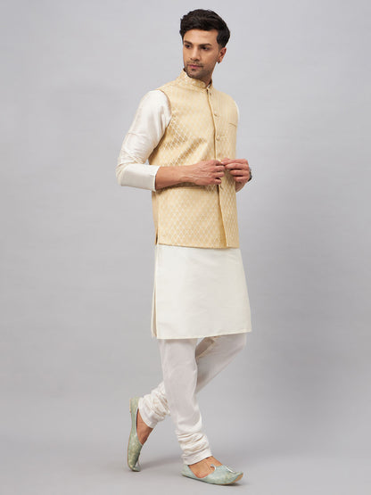Men's Cream Silk Blend Straight Jacket  Kurta and Pyjama Set