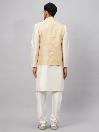 Men's Cream Silk Blend Straight Jacket  Kurta and Pyjama Set