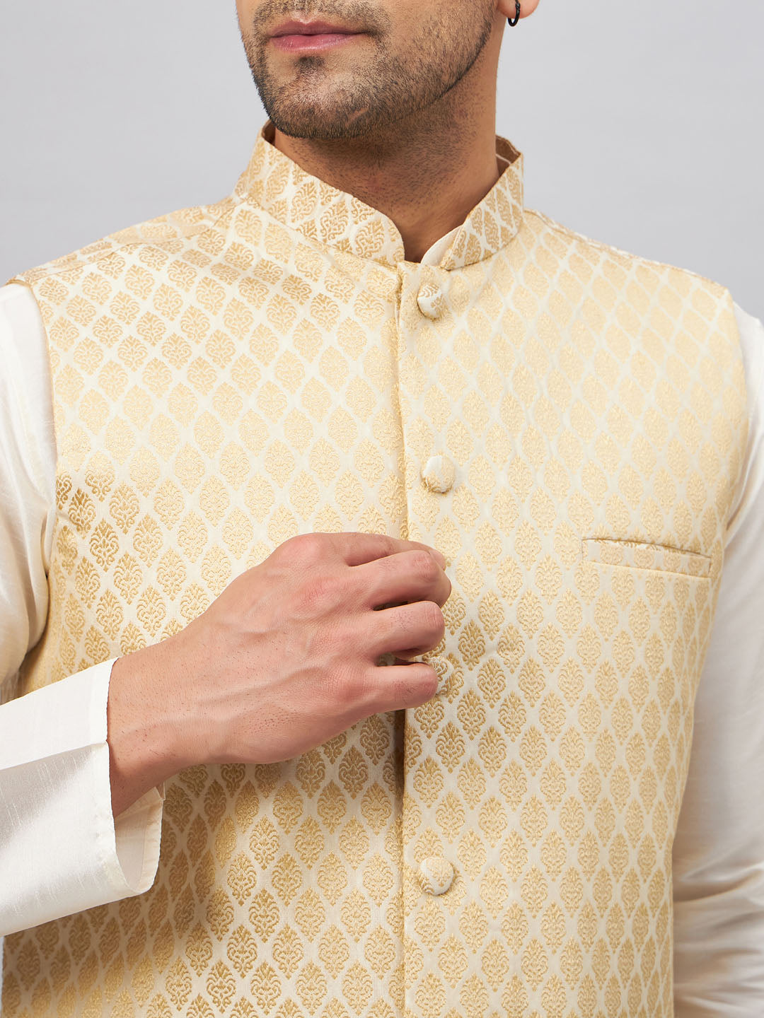 Men's Cream Silk Blend Straight Jacket  Kurta and Pyjama Set