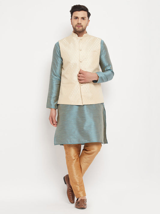 Men's Aqua Silk Blend Straight Jacket  Kurta and Pyjama Set