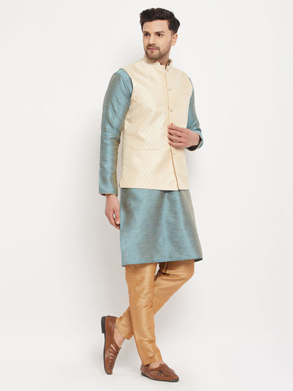 Men's Aqua Silk Blend Straight Jacket  Kurta and Pyjama Set