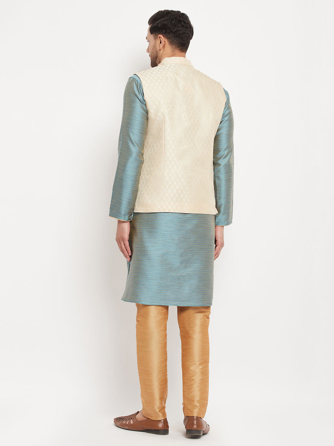 Men's Aqua Silk Blend Straight Jacket  Kurta and Pyjama Set