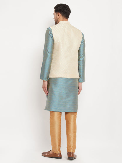 Men's Aqua Silk Blend Straight Jacket  Kurta and Pyjama Set