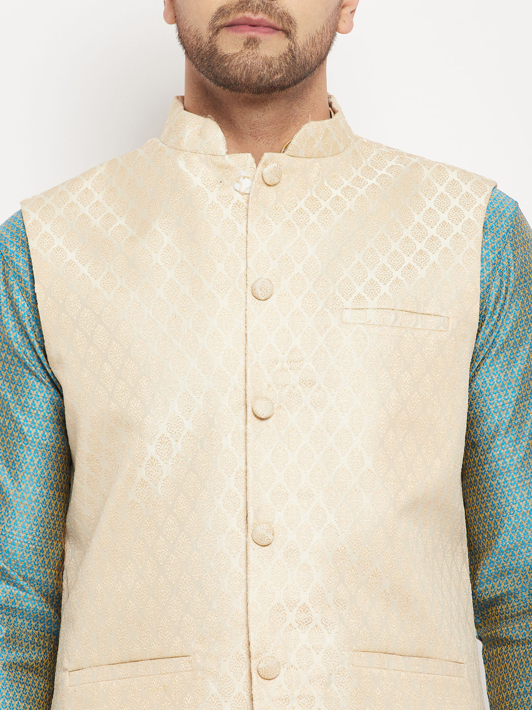 Men's Aqua Silk Blend Straight Jacket  Kurta and Pyjama Set