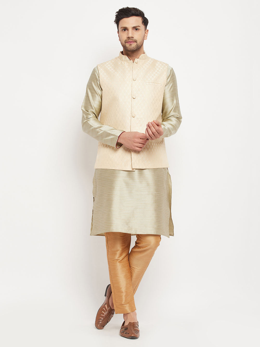 Men's Beige Silk Blend Straight Jacket  Kurta and Pyjama Set