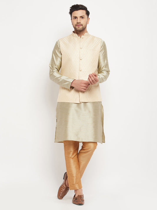 Men's Beige Silk Blend Straight Jacket  Kurta and Pyjama Set