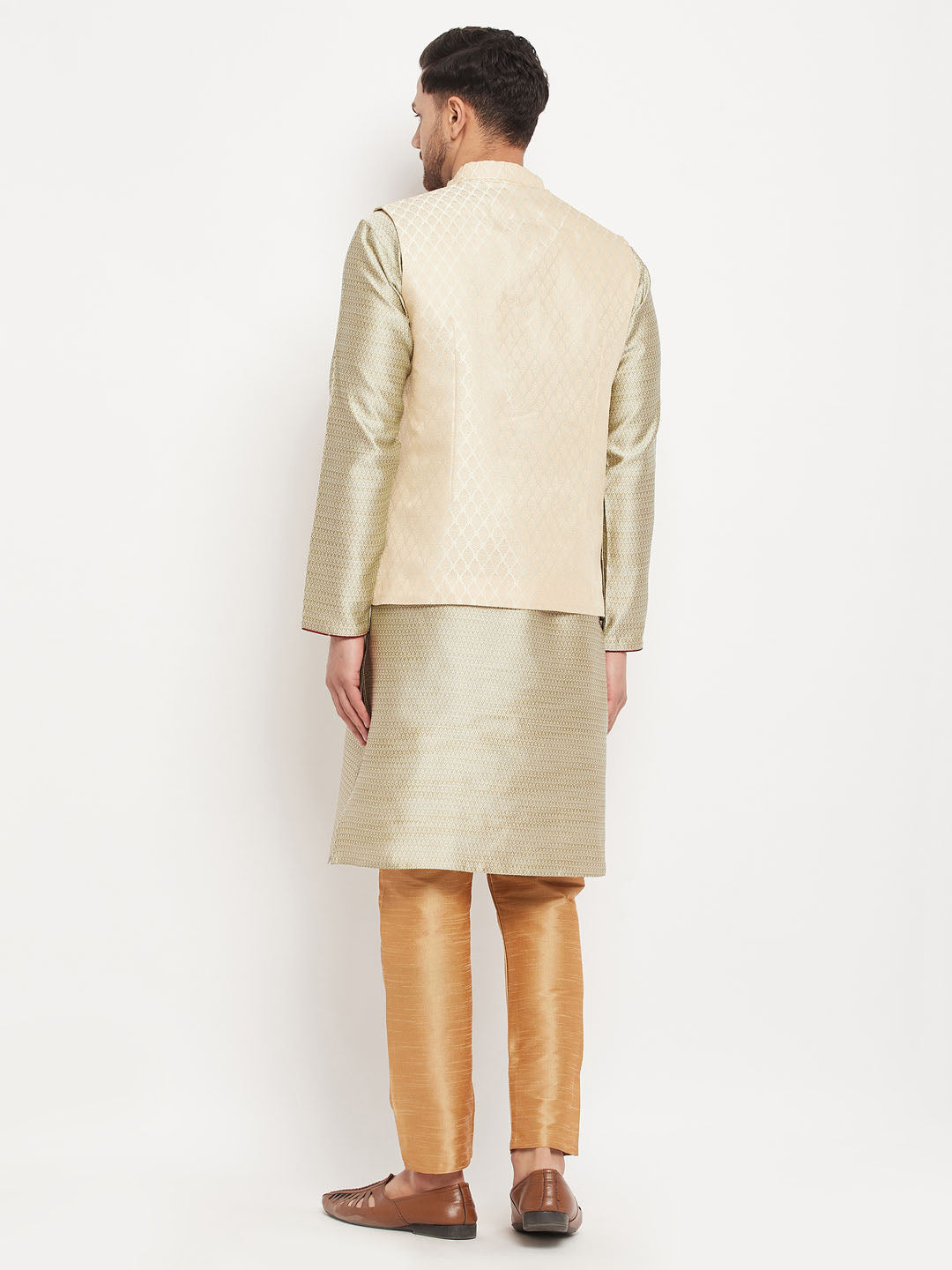 Men's Beige Silk Blend Straight Jacket  Kurta and Pyjama Set
