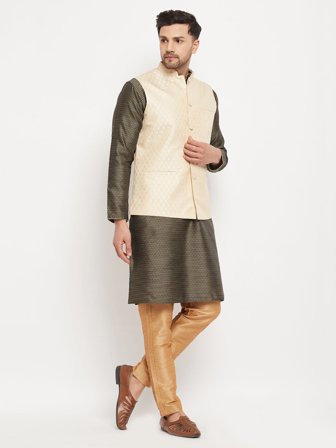 Men's Black Silk Blend Straight Jacket  Kurta and Pyjama Set