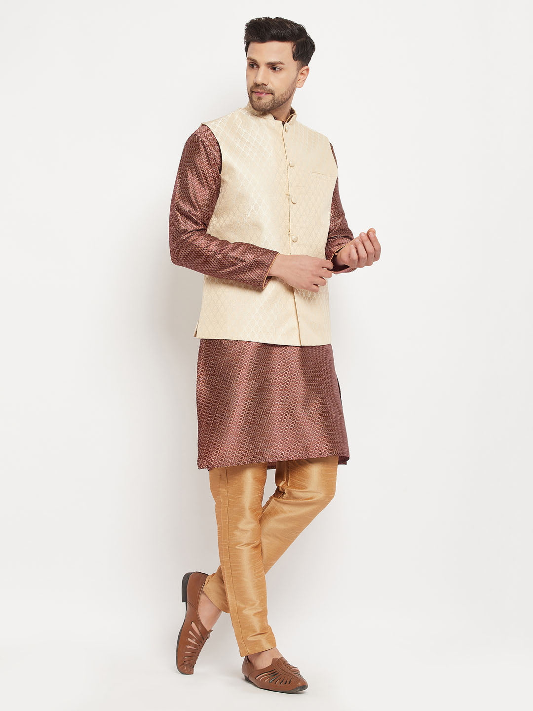 Men's Maroon Silk Blend Straight Jacket  Kurta and Pyjama Set