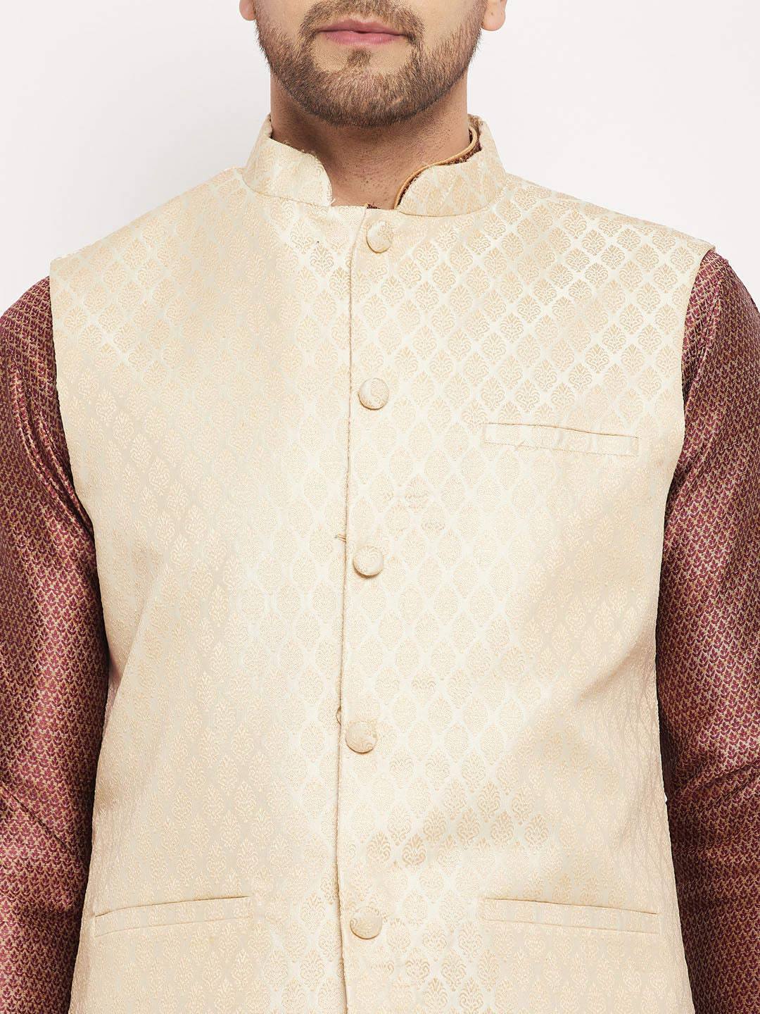 Men's Maroon Silk Blend Straight Jacket  Kurta and Pyjama Set