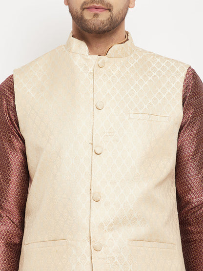 Men's Maroon Silk Blend Straight Jacket  Kurta and Pyjama Set