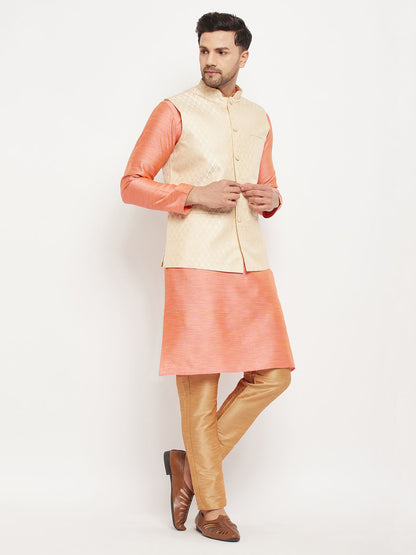 Men's Pink Silk Blend Straight Jacket  Kurta and Pyjama Set