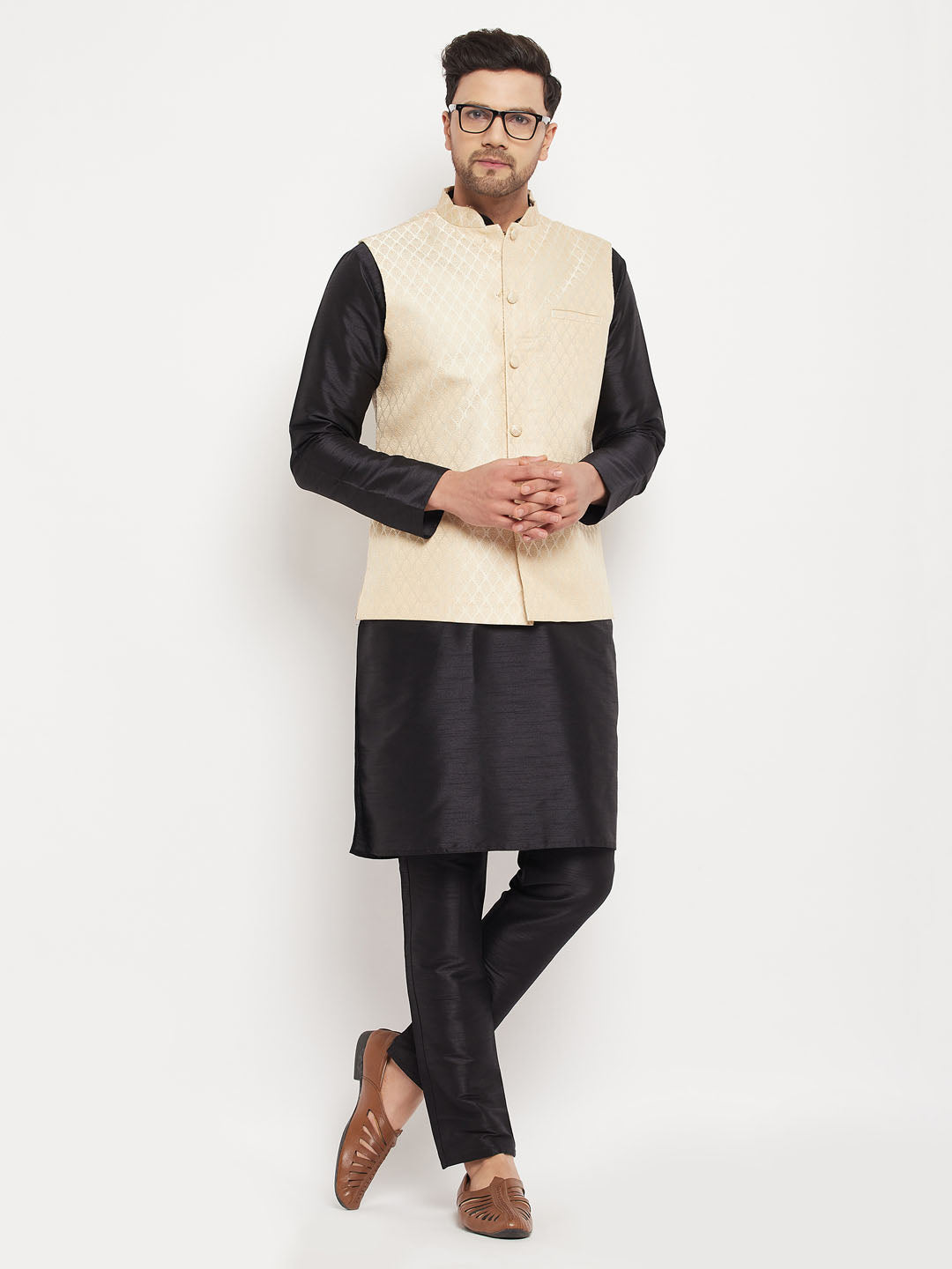 Men's Black Silk Blend Straight Jacket  Kurta and Pyjama Set