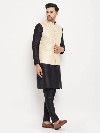 Men's Black Silk Blend Straight Jacket  Kurta and Pyjama Set