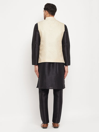Men's Black Silk Blend Straight Jacket  Kurta and Pyjama Set