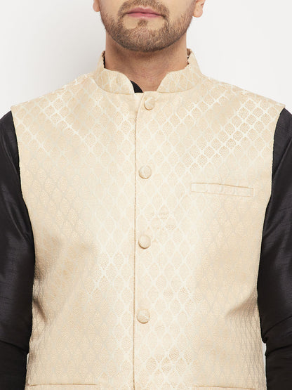 Men's Black Silk Blend Straight Jacket  Kurta and Pyjama Set