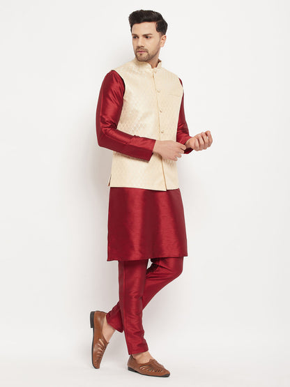 Men's Maroon Silk Blend Straight Jacket  Kurta and Pyjama Set