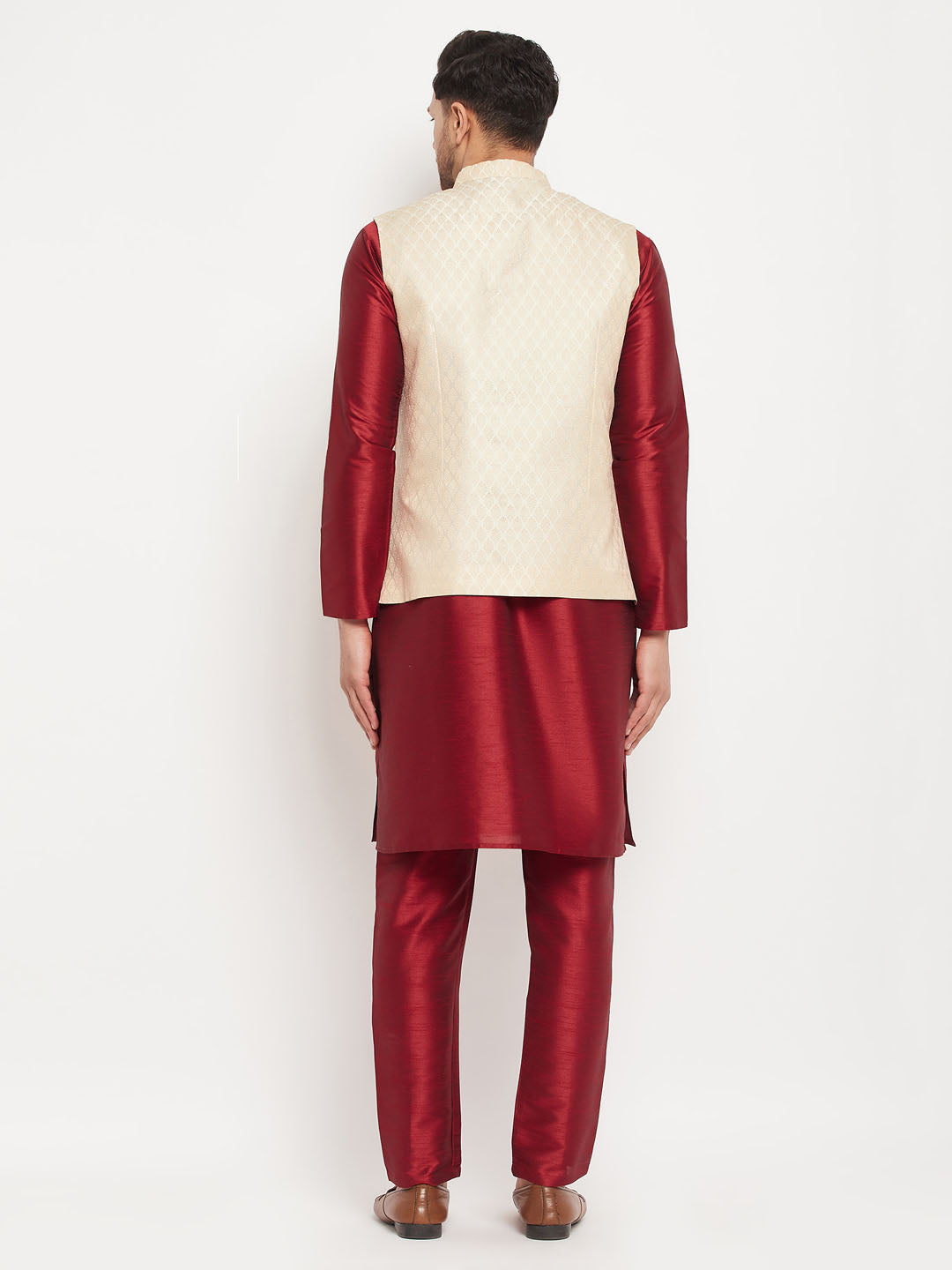 Men's Maroon Silk Blend Straight Jacket  Kurta and Pyjama Set