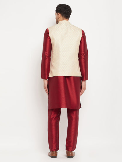 Men's Maroon Silk Blend Straight Jacket  Kurta and Pyjama Set
