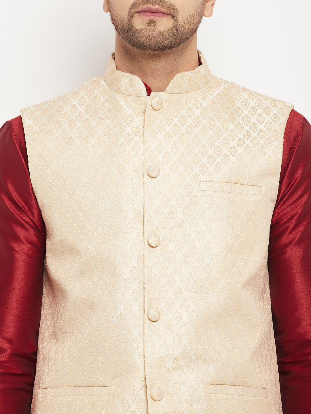 Men's Maroon Silk Blend Straight Jacket  Kurta and Pyjama Set
