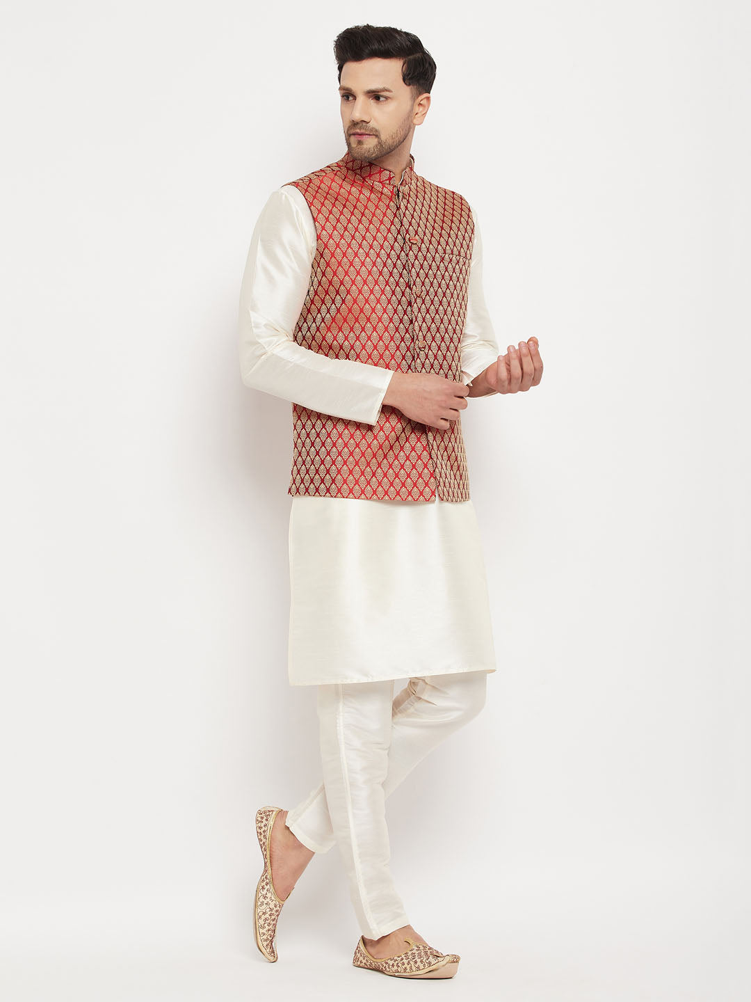 Men's Cream Silk Blend Straight Jacket  Kurta and Pyjama Set