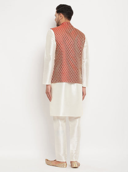 Men's Cream Silk Blend Straight Jacket  Kurta and Pyjama Set