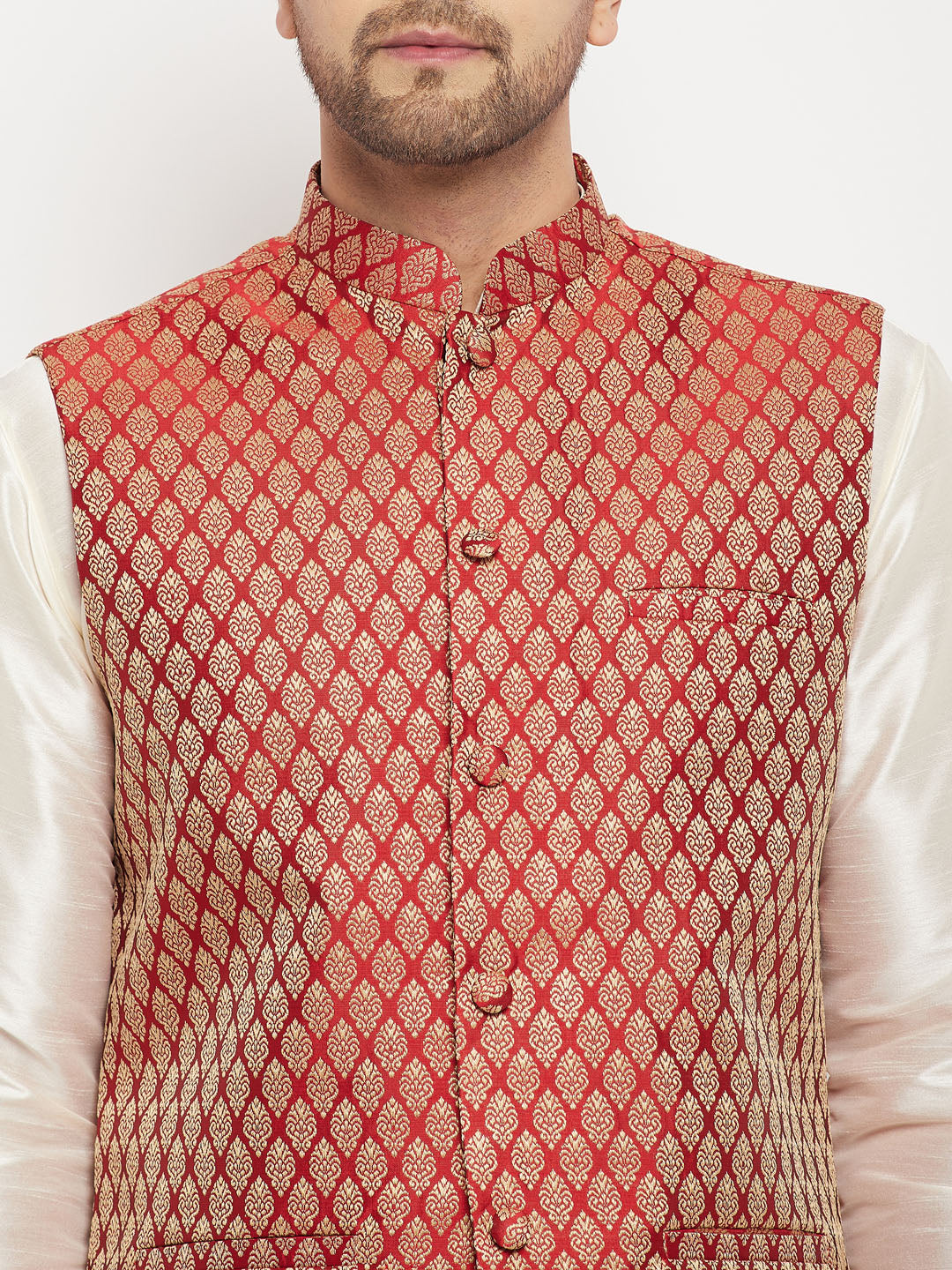 Men's Cream Silk Blend Straight Jacket  Kurta and Pyjama Set